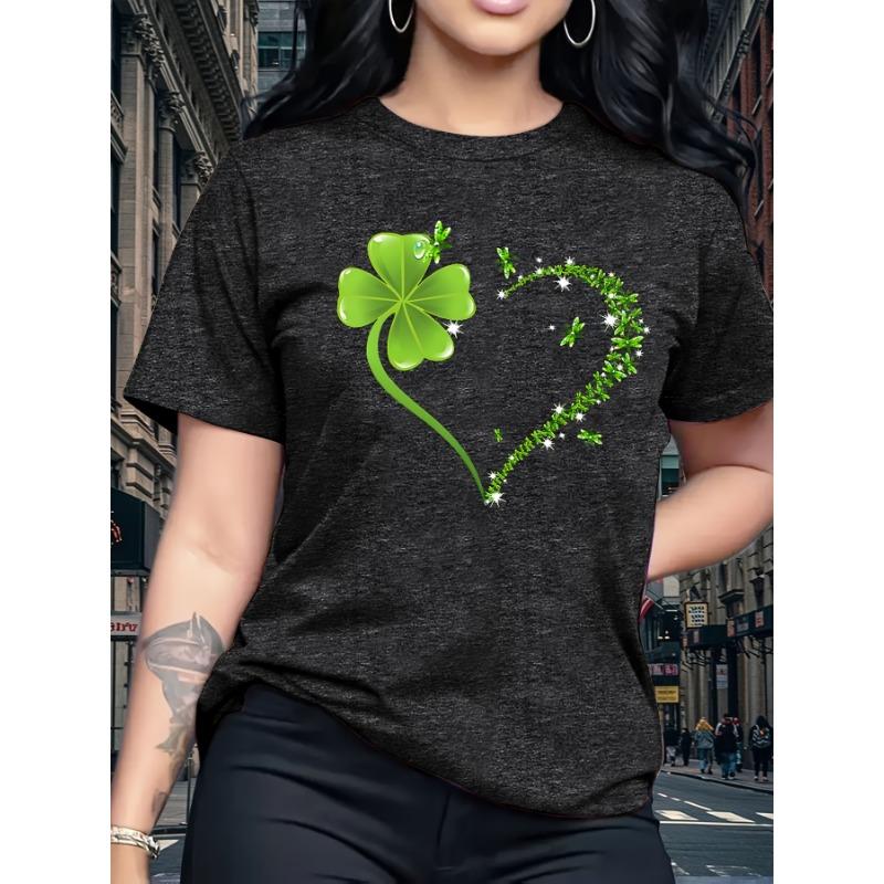 

Clover printed heart-shaped pattern slim fit round neck T-shirt - available in small and large sizes for spring and summer women s tops S