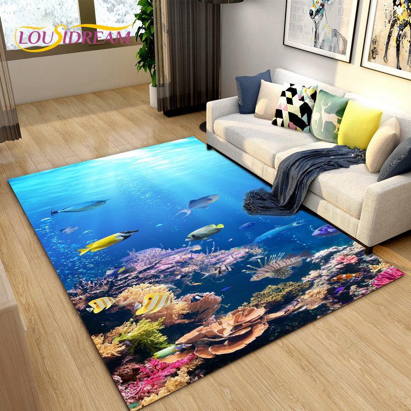 3D Underwater World Sea Turtle Dolphin Area Rug Large,Carpet Rug for Living Room Bedroom Sofa Doormat Kitchen,Non-slip Floor Mat