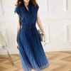 Stand Collar V-neck Flying Sleeve Elastic Waist Drawstring Summer Dress Gradient Color Pleated
