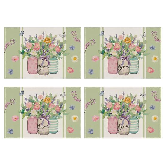 4Pcs Floral Linen Placemats 30x45cm Washable Reusable Heat-Resistant Table Mats with Plant Flower