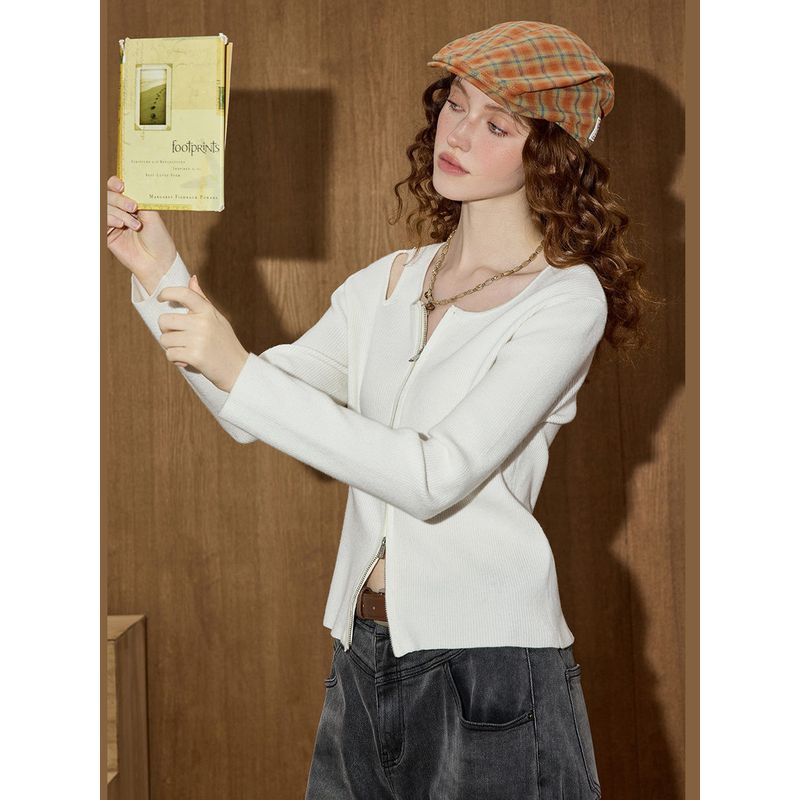 Coolhut French Style Short V-Neck Cut Out Long-Sleeved Cardigan 2025 Autum Women's Knitwear