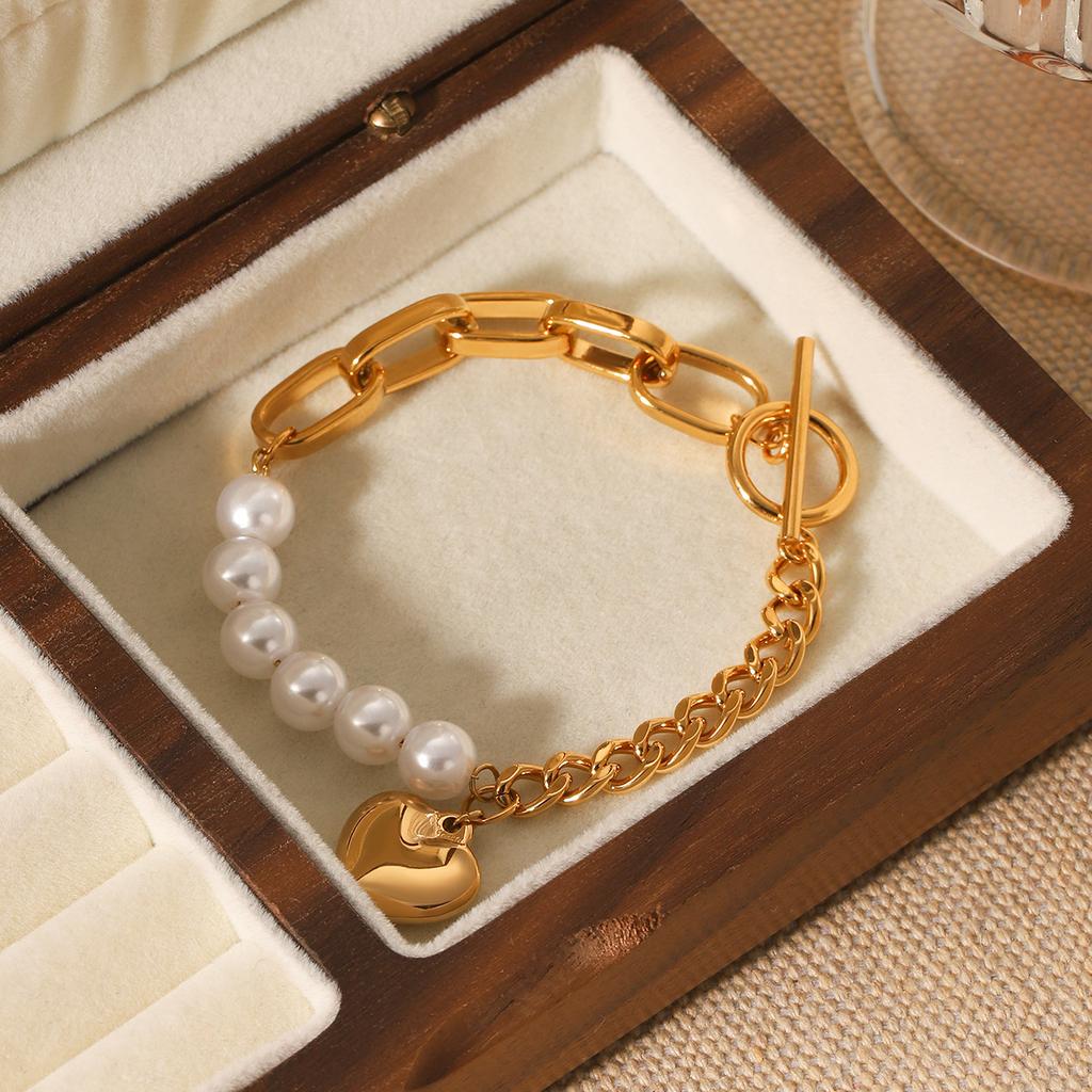 Premium Pearl Bracelet for Women, Stainless Steel Heart Pendant Spliced Chain OT Clasp Titanium Steel Jewelry