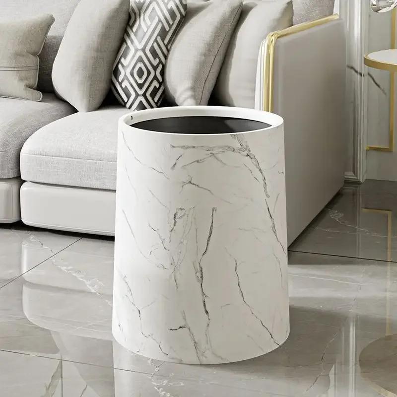 Nordic Marble Texture Trash Can Rolling Cover Type Bedroom Toilet Trash Bin Odor Proof Wastebasket Bathroom Accessories