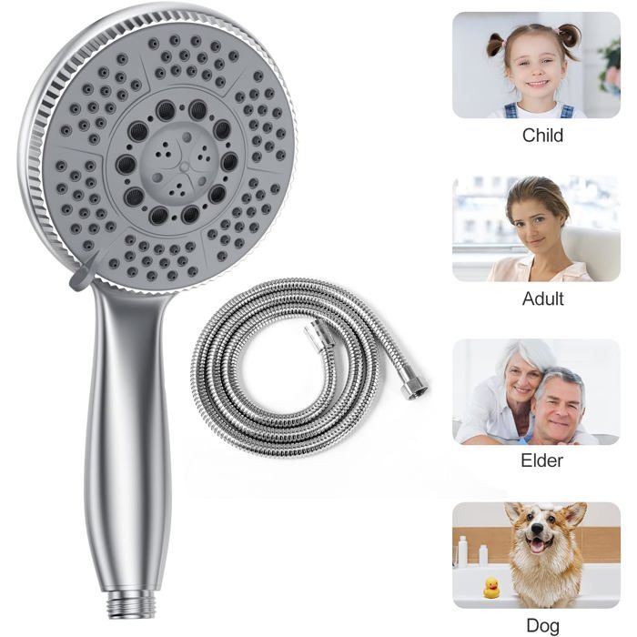 Vinabo Shower Head 1.5 M Flexible Steel Shower Tube, 5 Functions Multifunctional High Pressure Shower Jet, ABS Chrome Anti-Limesca