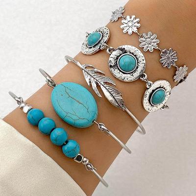 Bohemian Style Turquoise Leaf Bracelet Set for Women's Jewelry, Ethnic Style Flower Bracelet Set