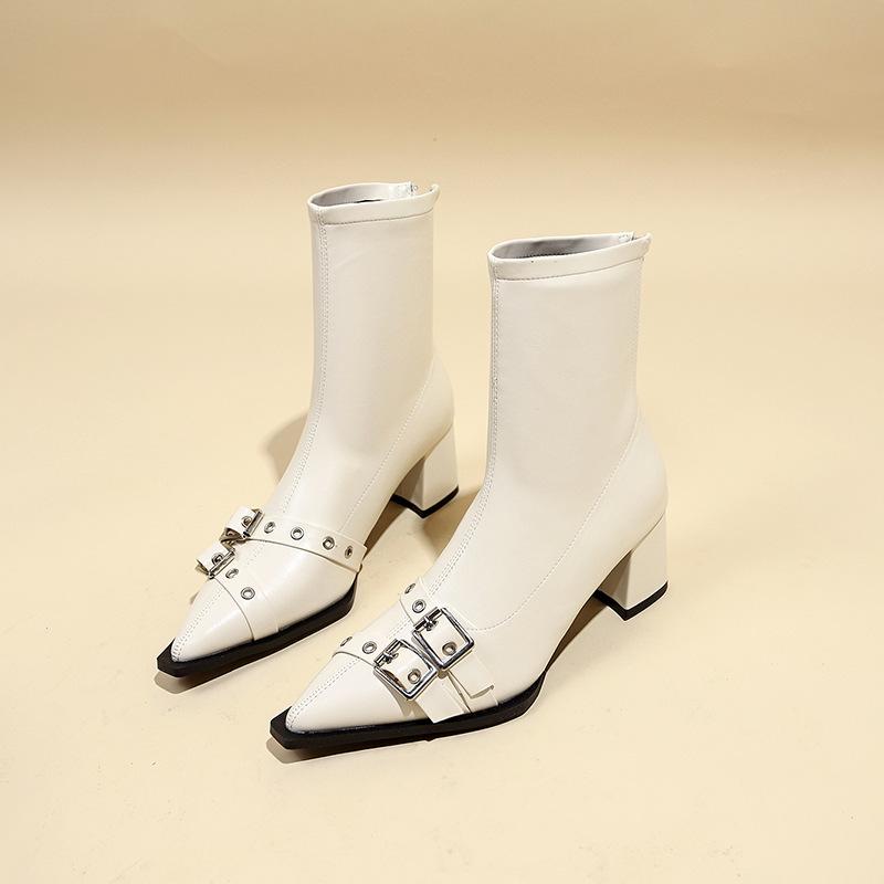 Thick heel pointed temperament thin French small short boots women's shoes 2025 new spring and autumn single boots black Martin boots