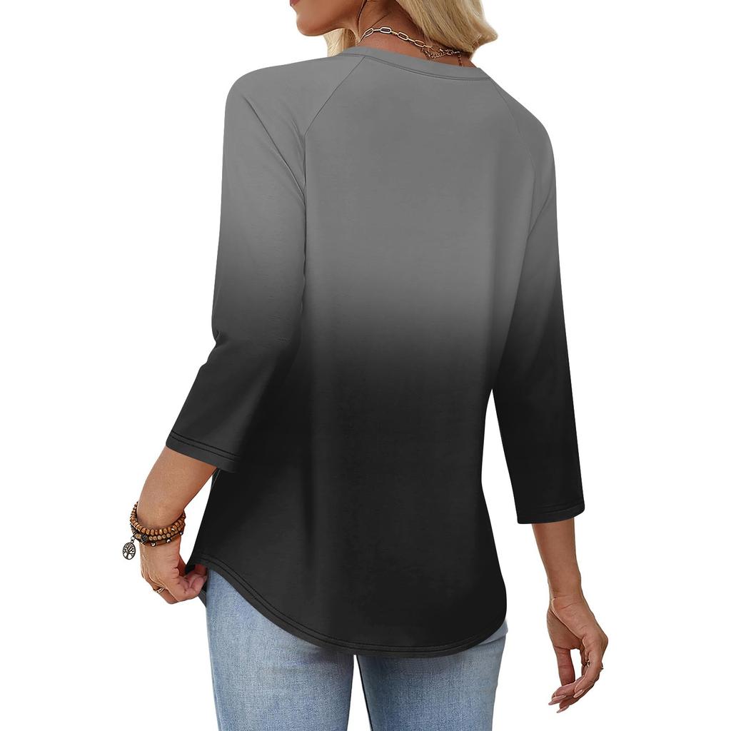 Women's 3/4 Sleeve Crew Neck Button Gradient Print Top Casual Loose Fit Pullover Shirt for Everyday Wear