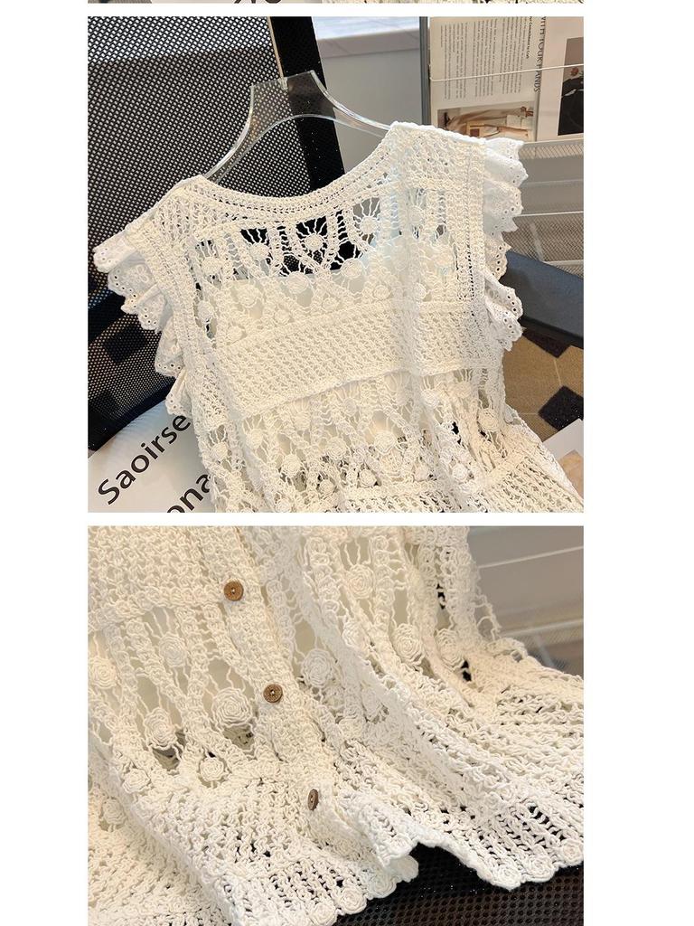 Women's White Short Crochet Knit Cardigan with Batwing Sleeves - Summer 2026 Fashion.