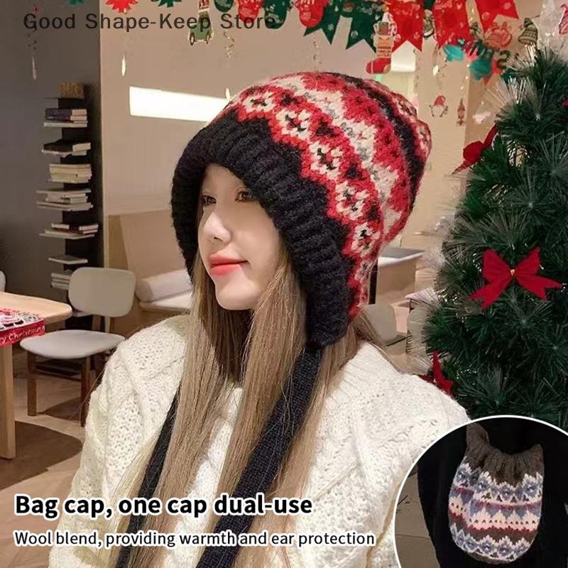 Striped Spliced Knitted Brimless Hat Ethnic Retro Style Woolen Hats Thickened Warm Resistant, Ear Protection Caps, Autumn Winte
