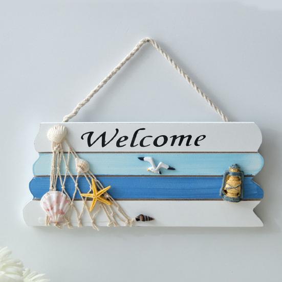Beach Welcome Sign for Front Door Summer Ocean Wood Plaque Rustic Door Hanger with Starfish Shells for Farmhouse Outdoor Porch Decor