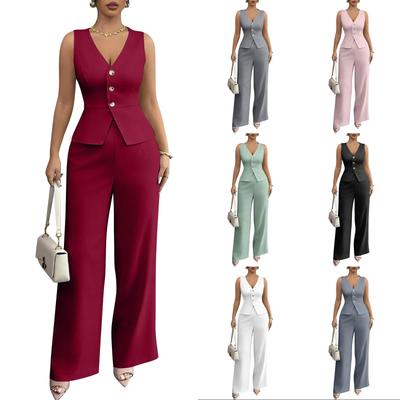 Women's 2-Piece Fashion Casual Sleeveless Tailored Vest + V-Neck Loose Top + High-Waisted Wide-Leg Pants Loungewear Set