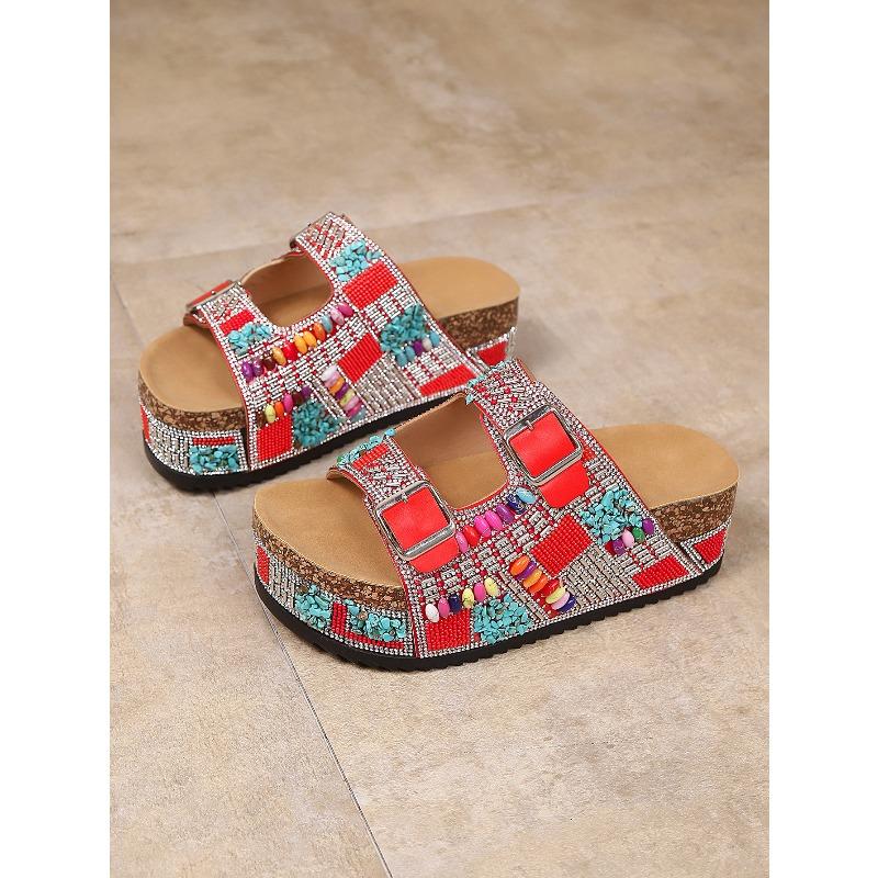 Cork Sandals 2025 Summer New Plus-size Rhinestone Belt Buckle for Women Wearing Platform Slippers