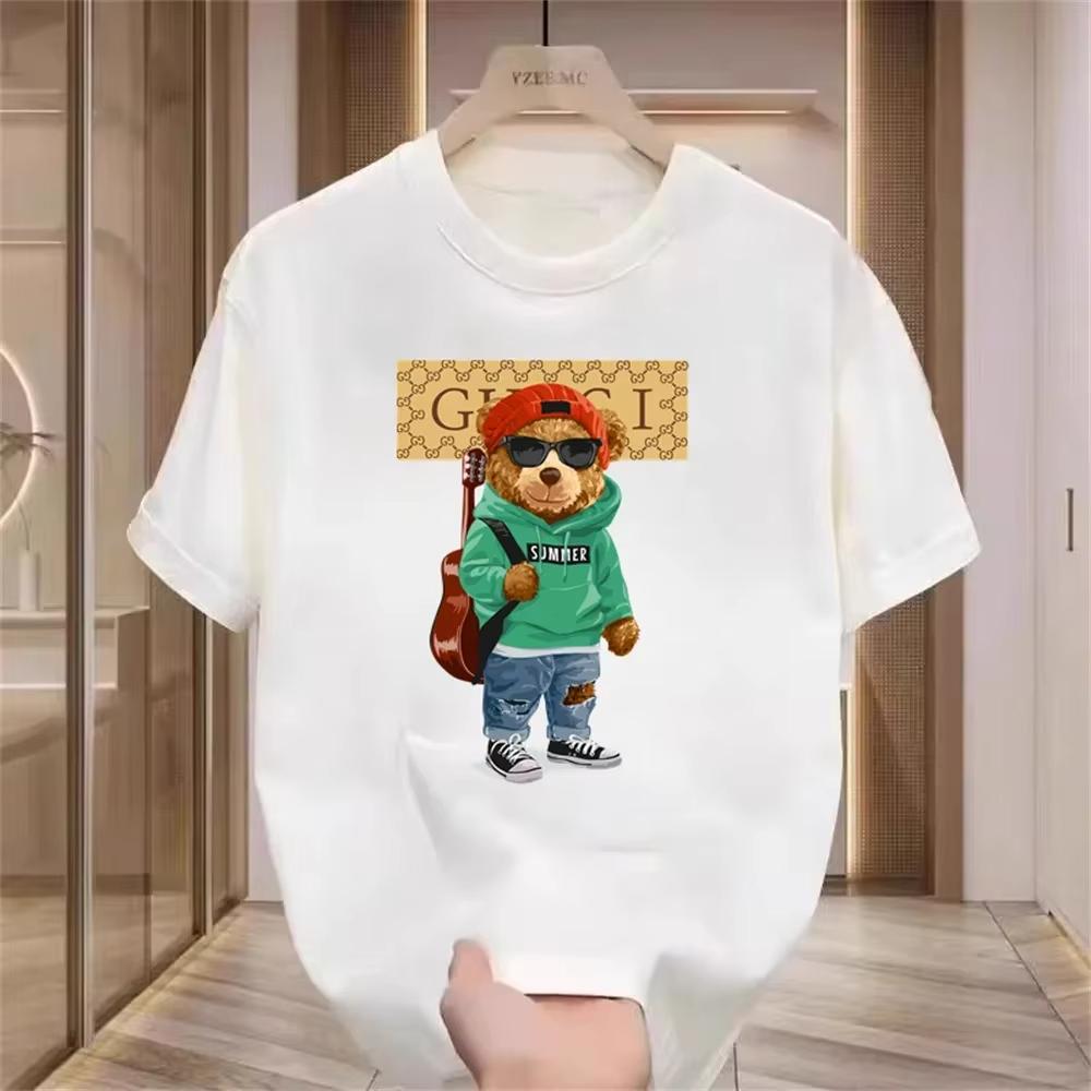 Summer Luxury Womens Plaid Bear Printed Tshirt Pure Cotton Crewneck Casual Trend Y2K HighQuality Fashion Top for 2026