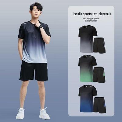 Men's Short-Sleeve Gradient Tie-Dye Sports Suit - Summer Ice Silk & Thin Shorts Set for Running & Fitness