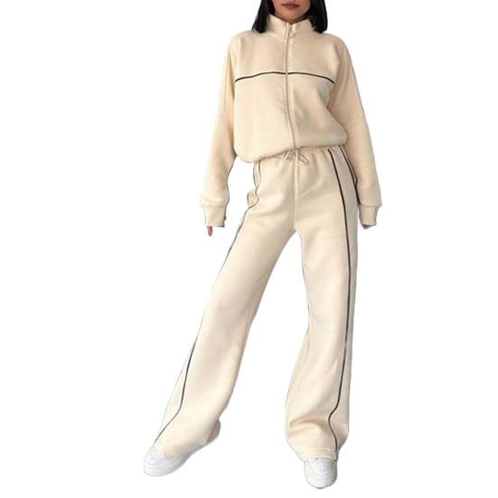 Women Winter 2 Piece Suit Half High Collar Zip Up Long Sleeve Top Elastic Waist Wide Leg Pocket Trousers