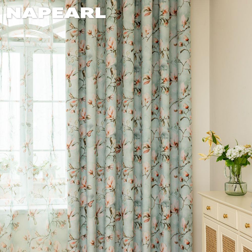 1PC NAPEARL Vintage Pastoral Green Floral-print Curtain Full Blackout Curtains for Bedroom Living Room Balcony Window for Home Decor