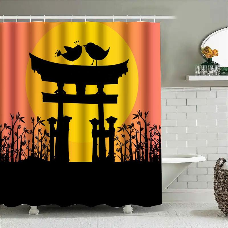 Vibrant Sunset Bamboo Torii Shower Curtain Unique Bathroom Decor for Modern Living Space