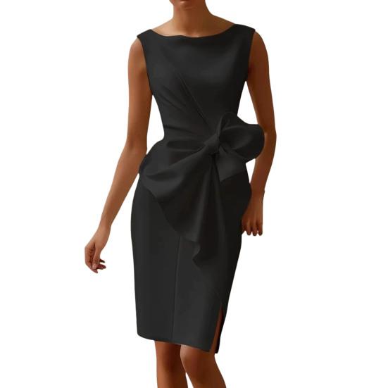 Women Sleeveless Bodycon Dress Ruched Bow Tie Side Slit Midi Dress Lady Formal Cocktail Party Work Dress