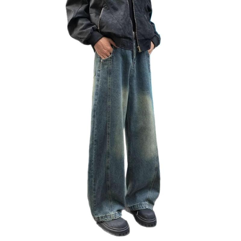 Mens Loose Straight Wide Leg Vintage Washed Casual High Street Denim Long Pants