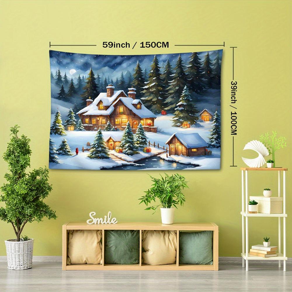 Christmas Winter Town Scene Tapestry Wall Hanging – 90g Brushed Polyester Fabric, Woven, Portrait Orientation, Animal Theme Graphic, Room Decor for B