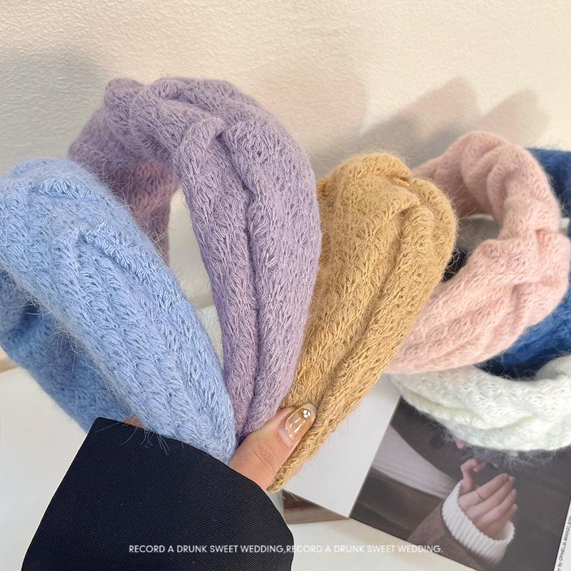 Woolen Pleated Wide Headband - Fluffy Knit Hair Tie for Makeup & Face Wash