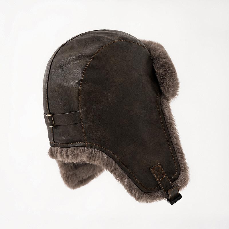 Leather Hat Lei Feng Hat Men Winter Thickened Pilot Warm Hat Women Northeast Windproof Cold Riding Headphones Bike Hat
