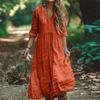Women's V Neck Long Sleeve Maxi Dress Loose Fit Mid Rise Boho Cotton Linen Vacation Dress