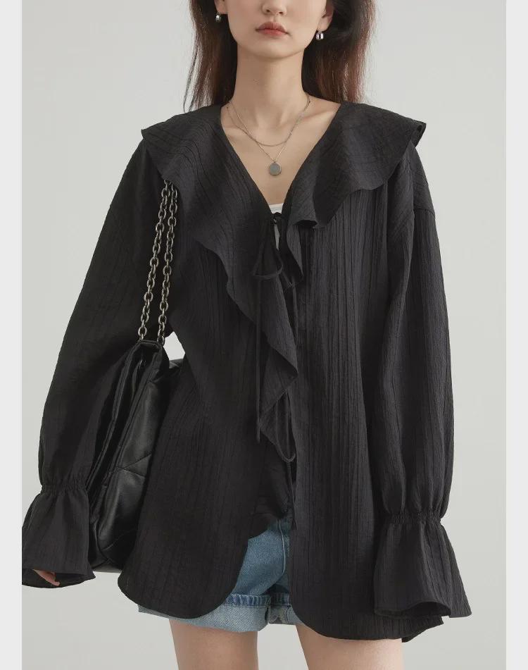 Visual Space Spring Tencel Ruffle Sleeve Lace-Up Mid-Length Shirt