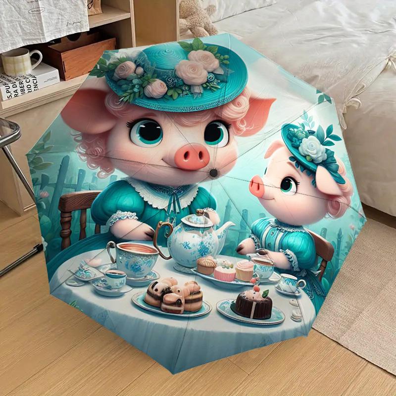 1PC Tea Party Pig Umbrella-8-Rib Reinforced, Automatic Open, Lightweight & Durable, Cute Fashion Accessory for Outdoor-T371