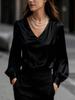 Nuova Elegante Camicia da Donna in Raso con Maniche a Bolle e Scollo a V Stile Francese