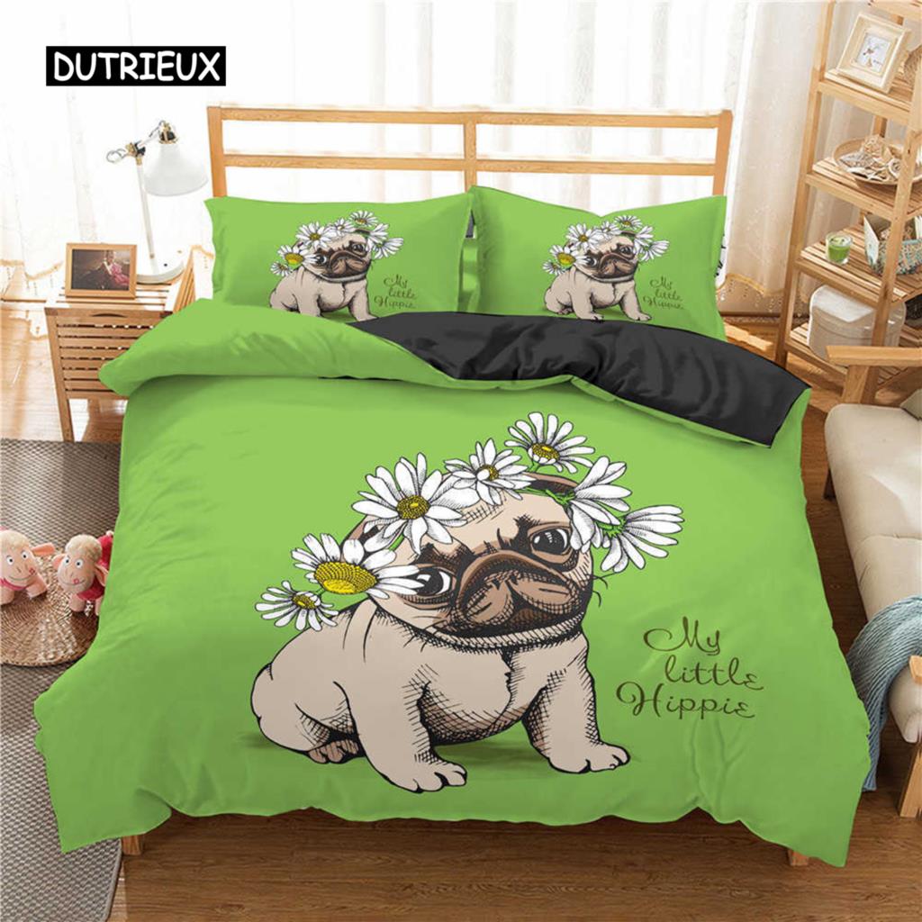 Pug Duvet Cover Set Pet Dog with Flower Bedding Set Animal Theme for Kids Teens Boy Cute Pug Dog King Size Polyester Quilt Cover