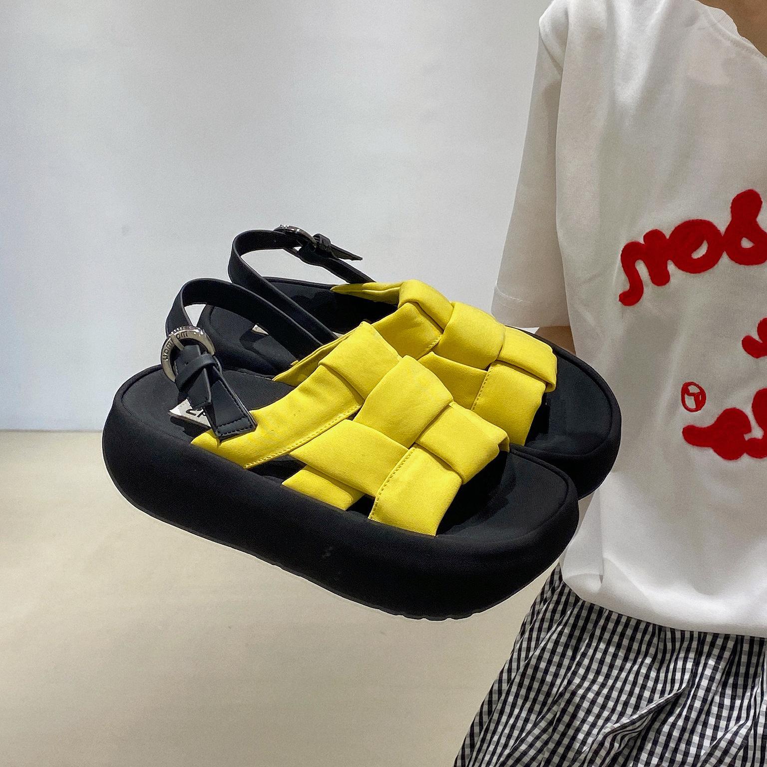 

Great to wear~ Open-toed fashionable yellow woven casual sandals women s breathable and versatile thick-soled heightening beach shoes 40 жёлтый