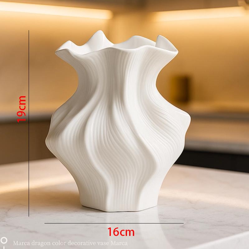 Nordic Minimalist White Textured Ceramic Vase 3D Wave Pattern Tabletop Decor Flower Vase for Living Room Bedroom Dried Flowers
