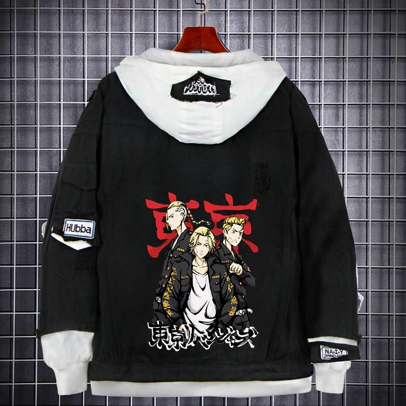Tokyo Revengers Anime Denim Jacket Fake Two-piece Hoodie Men Youth Streetwear