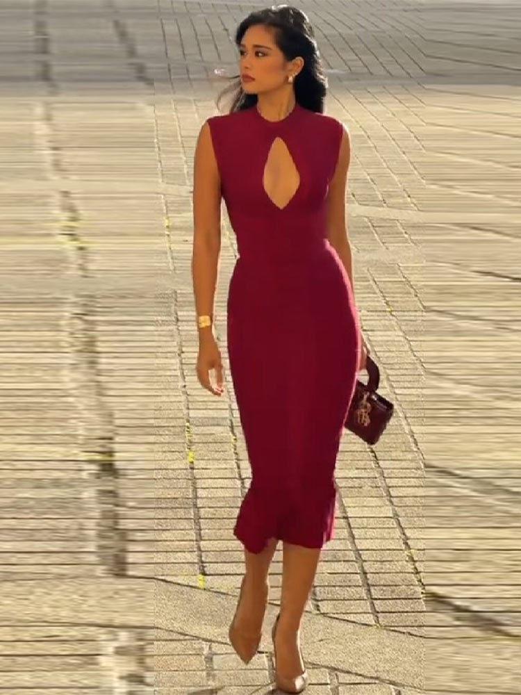 Europese & Amerikaanse Dames 2026 Herfst/Winter Sexy Midi Bodycon Jurk met Rits aan de Achterkant