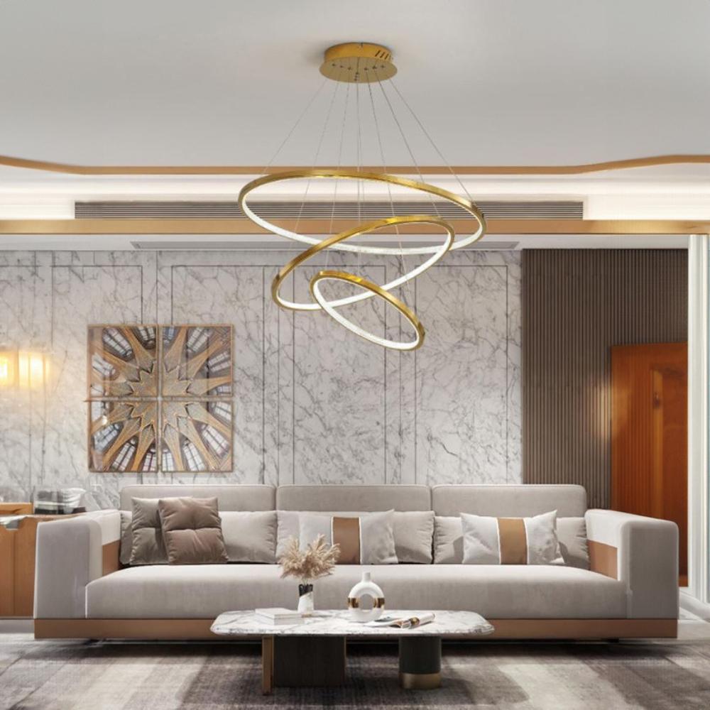 LED-Deckenhängeleuchte, Kronleuchter, 3 Ringe, 76W, goldfarben, verstellbar, NEUTRAL