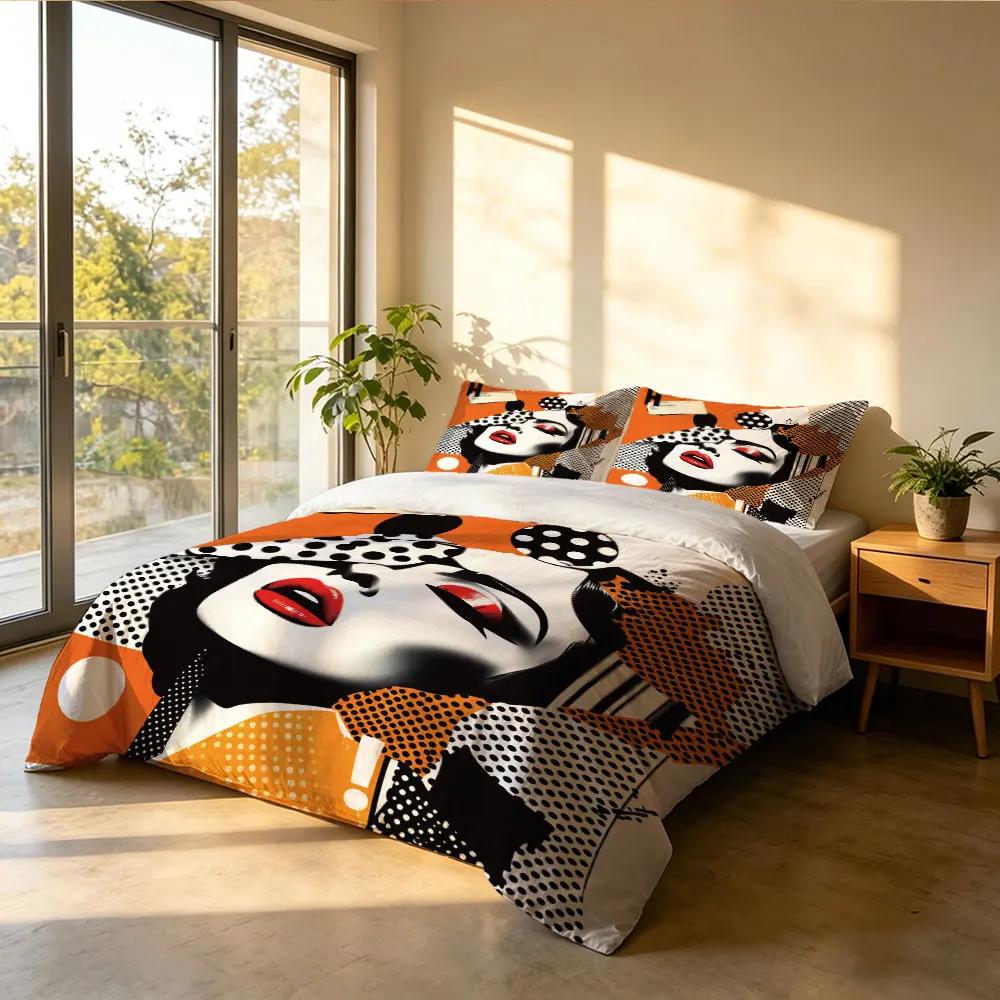 Set de așternut cu 3 piese, stil Pop Art, cu buze roșii, pentru pat, fără pilotă, material moale, lavabil la mașină și utilizat în scopuri decorative