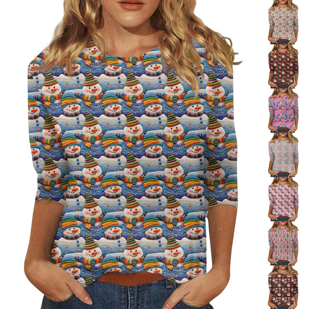 Women's Fashionable Casual Three-Quarter Sleeve Christmas Print Round Neck Top