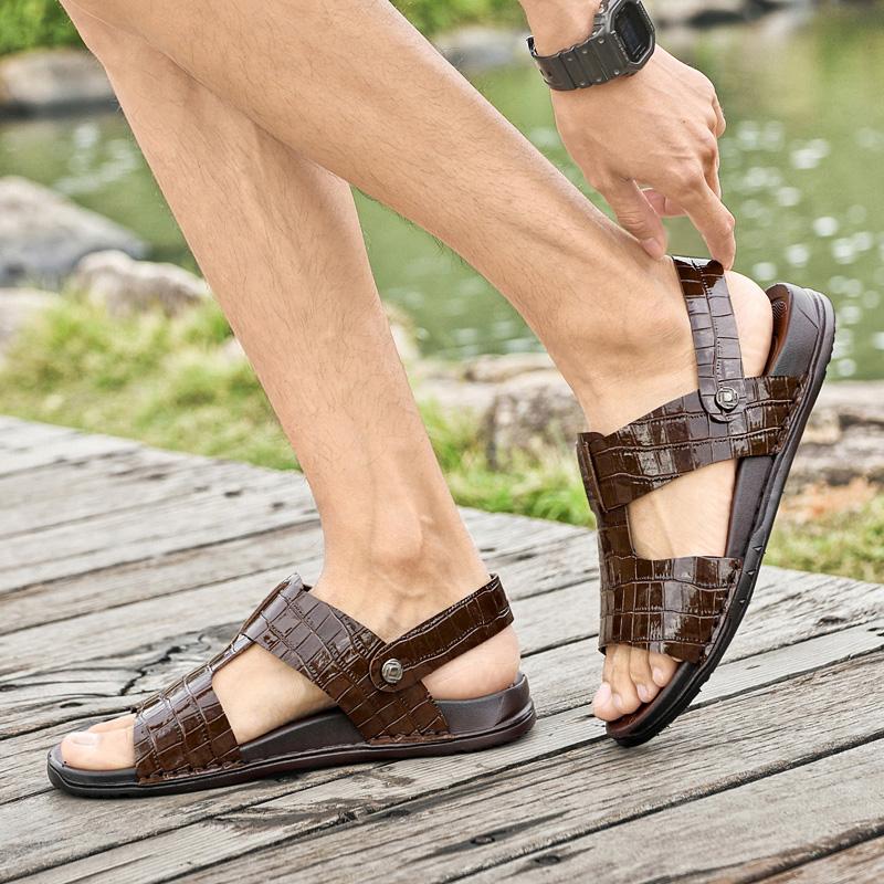 Fashion Genuine Leather Sandals for Men Flat Bottomed Stone Pattern Open Toe Breathable Solid Color Classic Daily Men Sandals Slippers