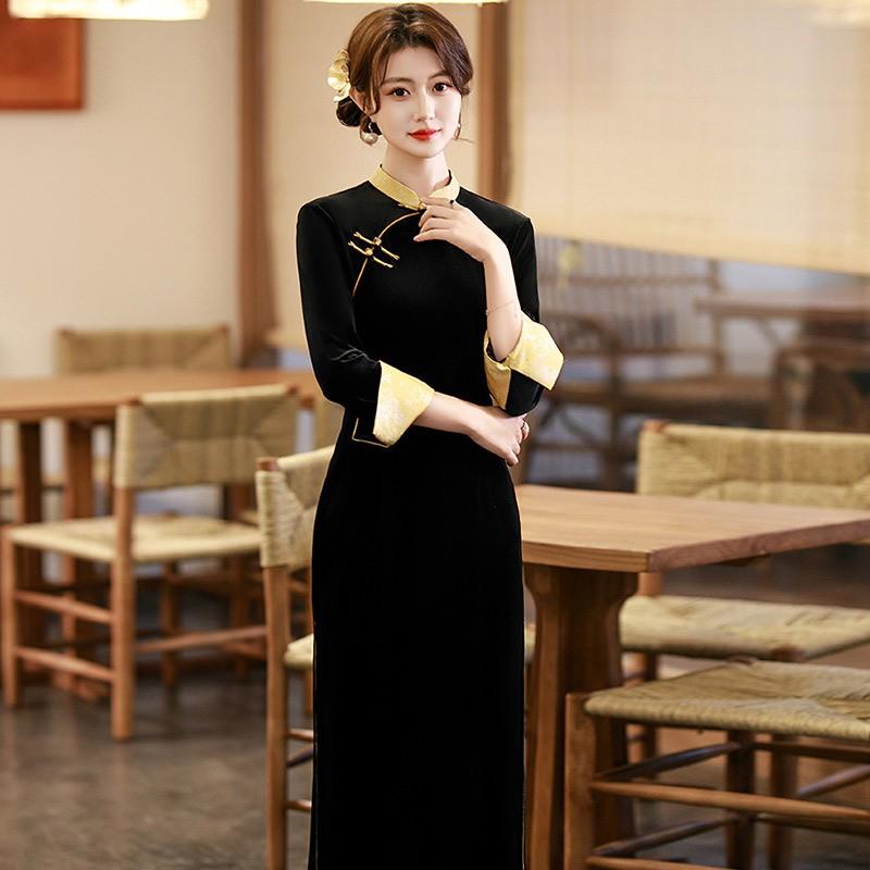 Womens Black Velvet Long Sleeve Qipao Dress Vintage Style Slim Fit Winter Outfit