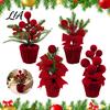 Holiday Table Plants Velvet Christmas Ball Potted Plants, Mini Tree with Artificial Pine, Desktop Red Berry, Fabric Bow, Tabletop Centerpiece for Xmas