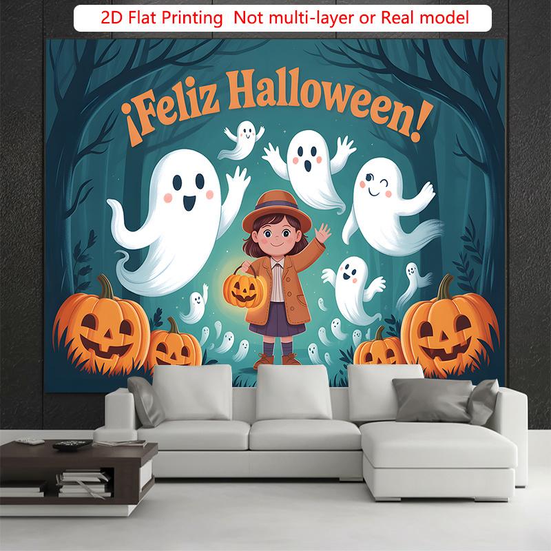 Party Backdrop Halloween Flat Spooky Ghosts Pumpkins Forest Scene Photo Background Decor Party Decor