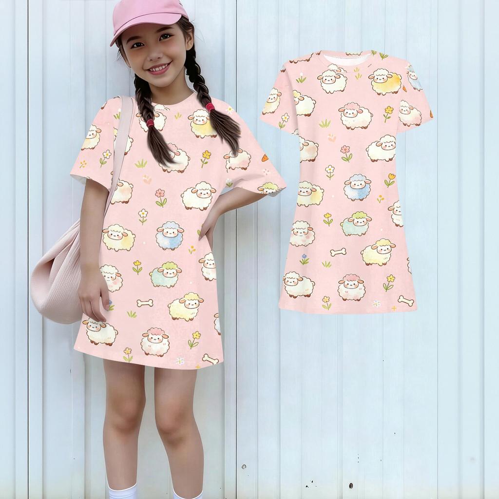 Girls Loose Fit Short Sleeve Dress Kids Round Neck Lightweight Summer Dress with Animal Print Pattern Casual Daily Wear