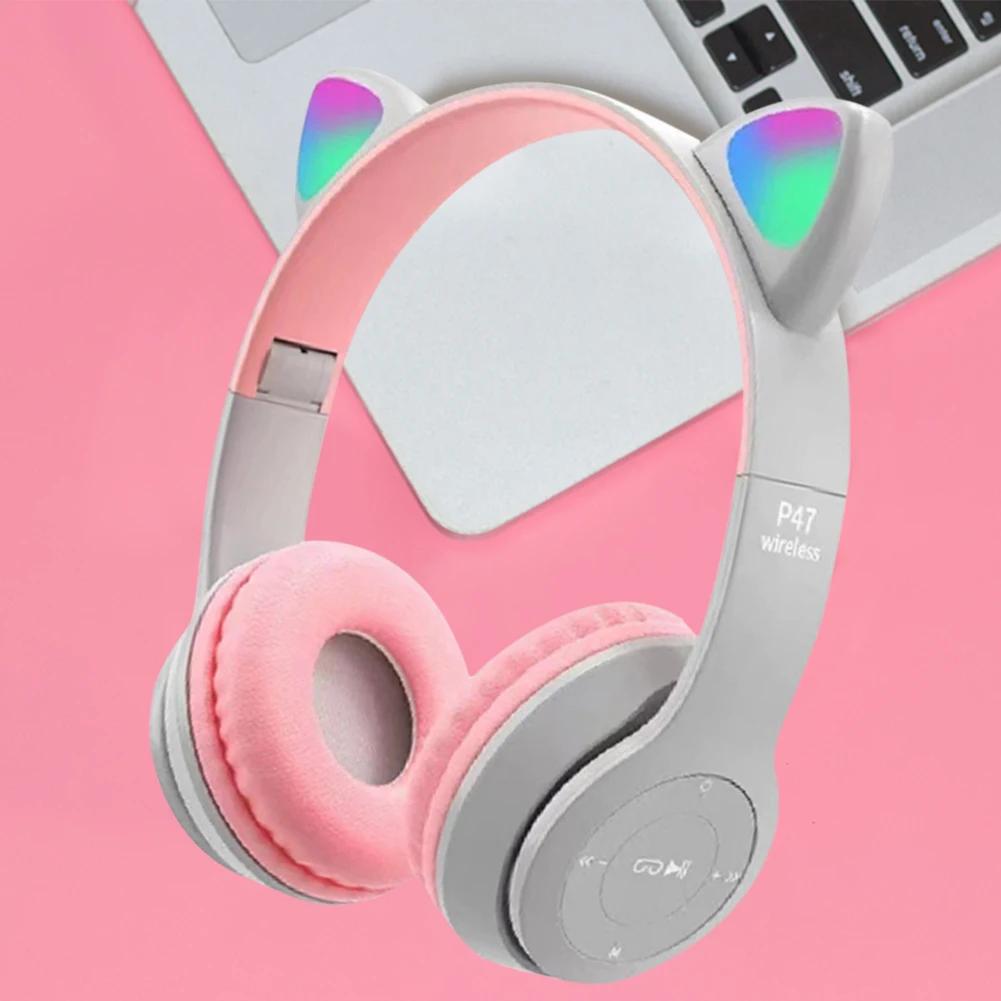 Flashing LED Cute Cat Ears Headphones Bluetooth Wireless Headset with Mic P47M Kid Girl Stereo Music Earbud Sports Headphones