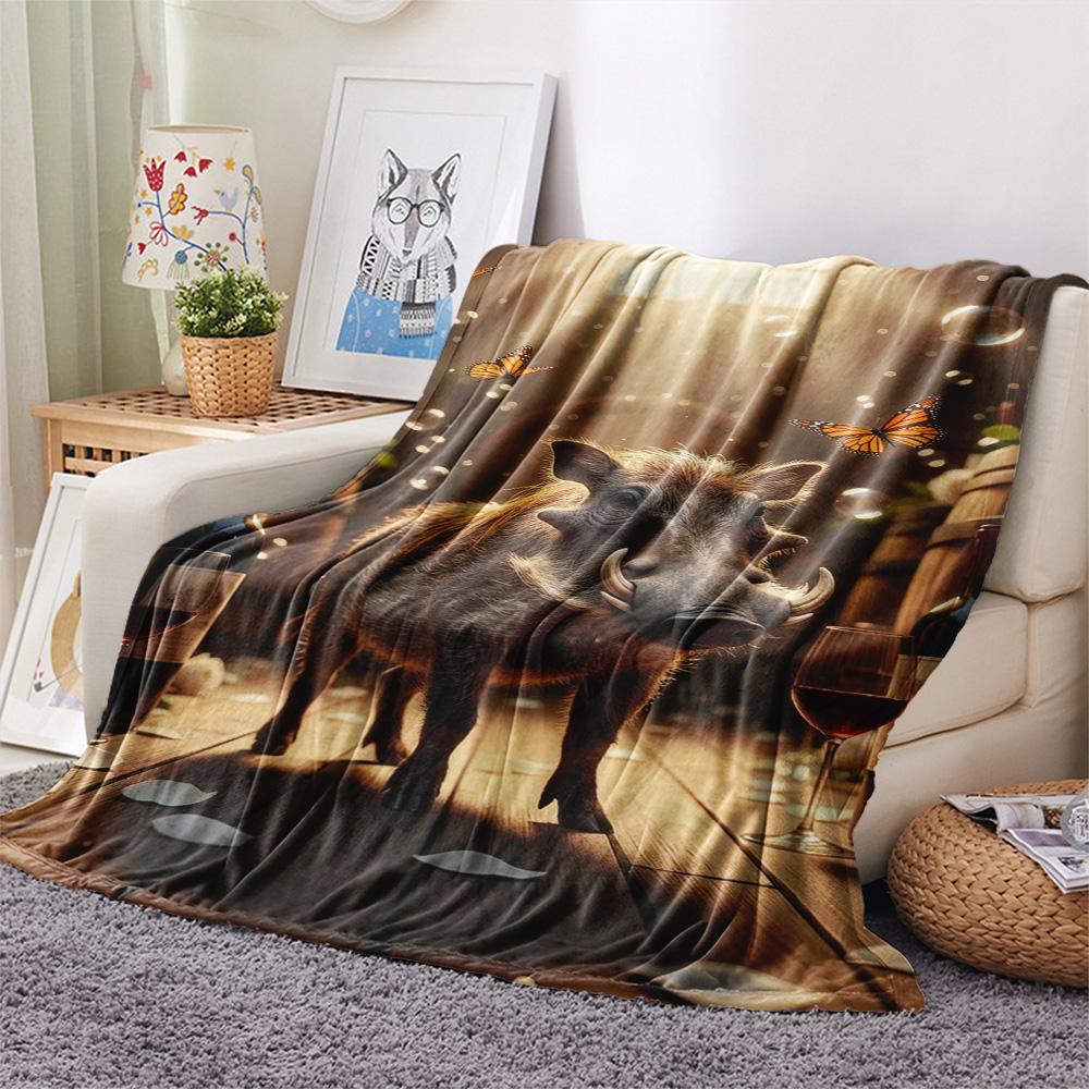 1PC Warthog Print FlAannel Blanket, High quality Comfortable for All Seasons, Home Decor, Warmth and Comfort