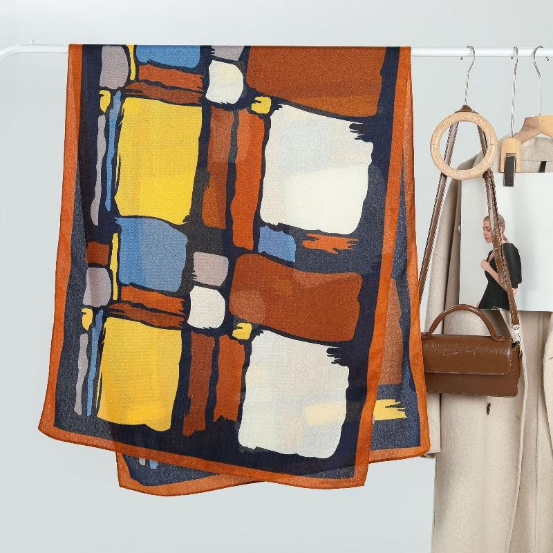 New women's print graffiti contrasting scarf scarf, fashionable autumn and winter thin shawl with sunscreen silk scarf
