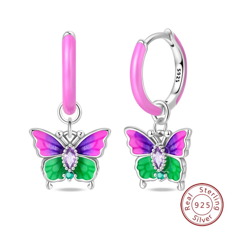 New 925 Silver Bee Butterfly Pink Lily Lotus Earrings For Women Cherry Apple Strawberry Ear Studs Elegant Party Jewelry