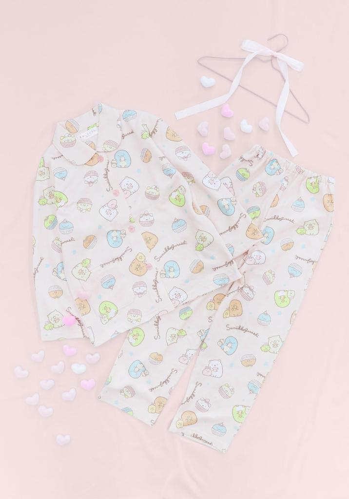 Kaituck Family Sumikkogurashi Kids' Shirt Pajamas, Long Sleeve, Quilted, Spring/Autumn, Sizes 130cm, 140cm, and 150cm (140cm, Pink)