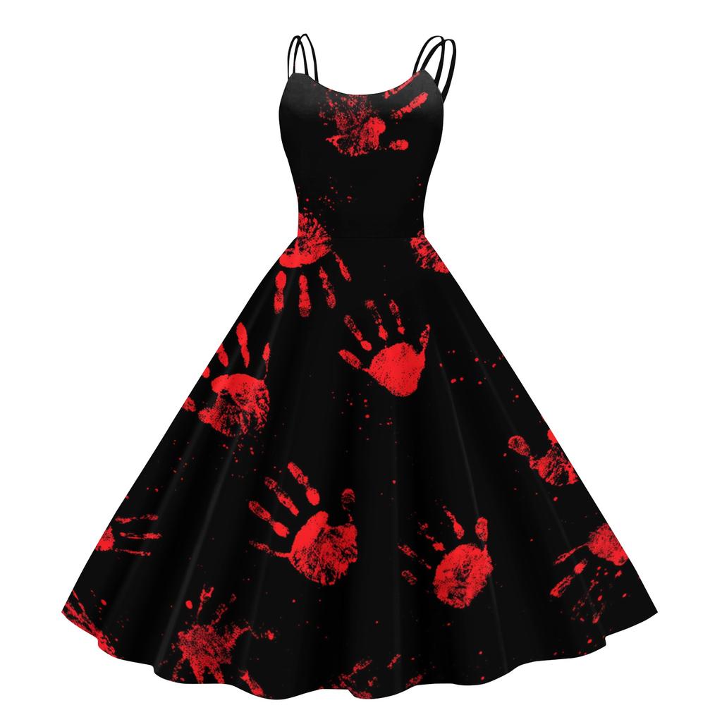 Women's Halloween Print Off Shoulder Vintage Punk Dress Sleeveless Spaghetti Strap Midi Dress with Full Skirt for Costume Party