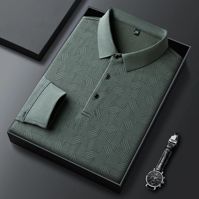 Nová pánská business casual košile s dlouhým rukávem s odznakem, jednobarevné polo tričko, módní, prodyšný, pohodlný, všestranný top